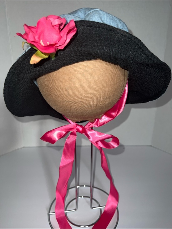 Accessories - Two-Tone Wide Brim Denim Hat with Pink Flower and Satin Ties​